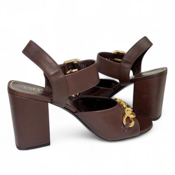 VALENTINO GARAVANI Brown Open Toe Gold VLogo Block Heel Sandals Size EU39 - Picture 8 of 16